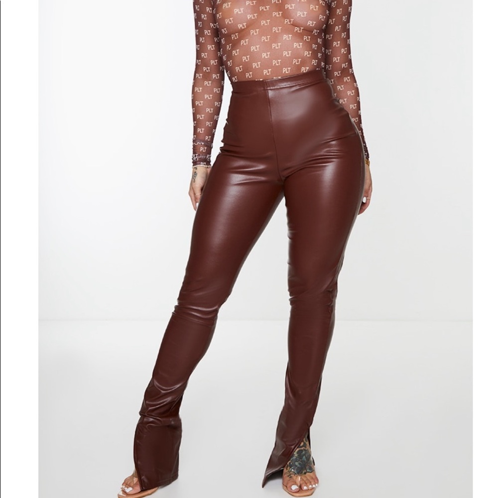 Shape Chocolate Brown PU Split Hem Pants